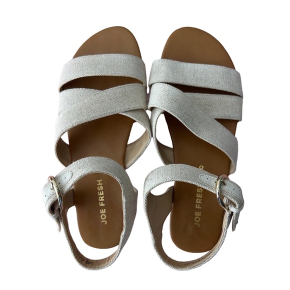 Joe Fresh Beige Cross Strap Fabric Ankle Buckle Flat Sandals - Picture 2 of 6